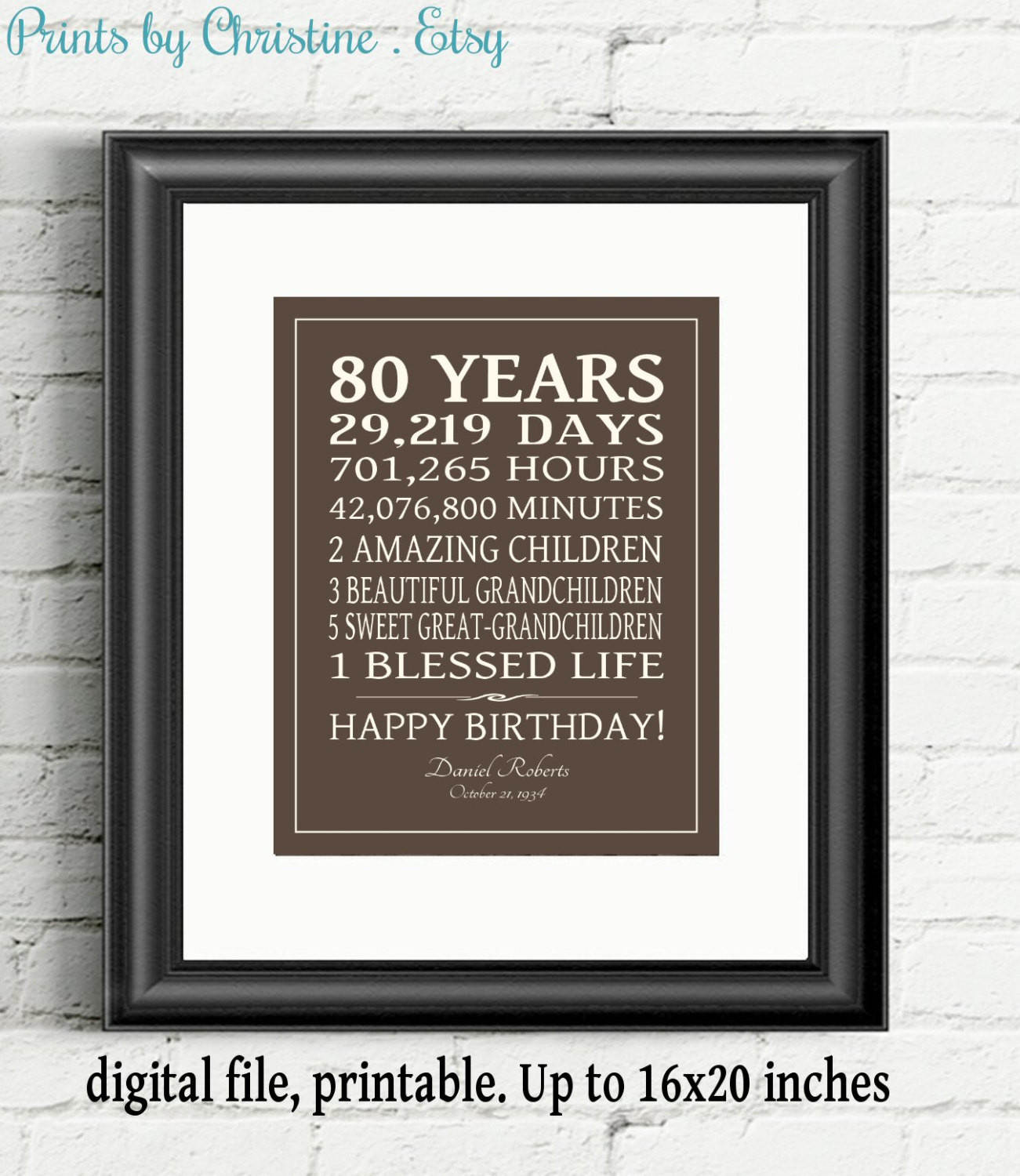 Best ideas about 80 Year Old Birthday Gifts
. Save or Pin PRINTABLE 80th BIRTHDAY GIFT Adult Birthday Sign Print Now.