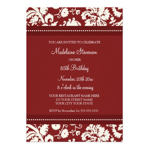 Best ideas about 85th Birthday Invitations
. Save or Pin Red Damask 85th Birthday Party Invitations 5" X 7 Now.