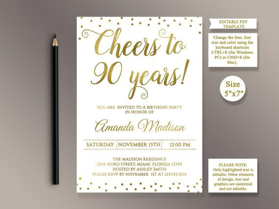 Best ideas about 90 Birthday Invitations
. Save or Pin EDITABLE 90th Birthday party Invitation template Cheers to Now.