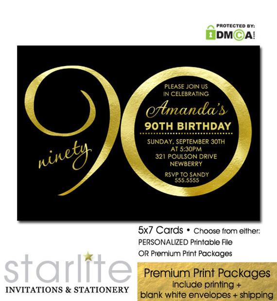 Best ideas about 90 Birthday Invitations
. Save or Pin 90th Birthday Invitation Black and Gold 90 Years Any Age Now.
