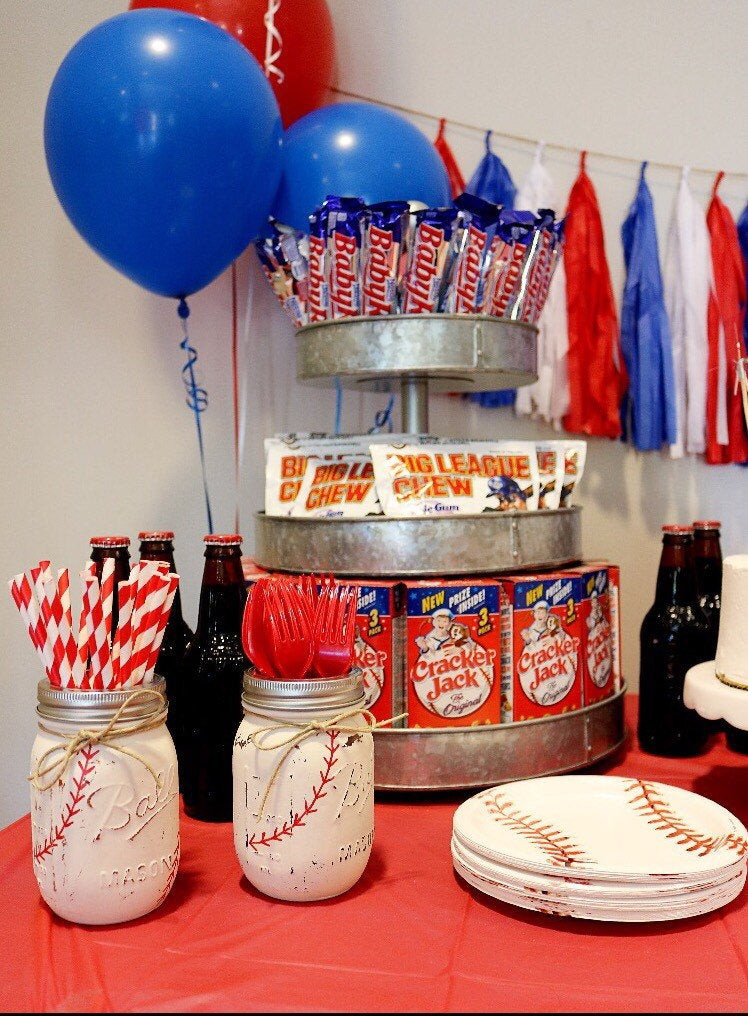 Best ideas about Baseball Themed Birthday Party
. Save or Pin Painted Mason Jar Set Baseball Themed Party Decor Baseball Now.