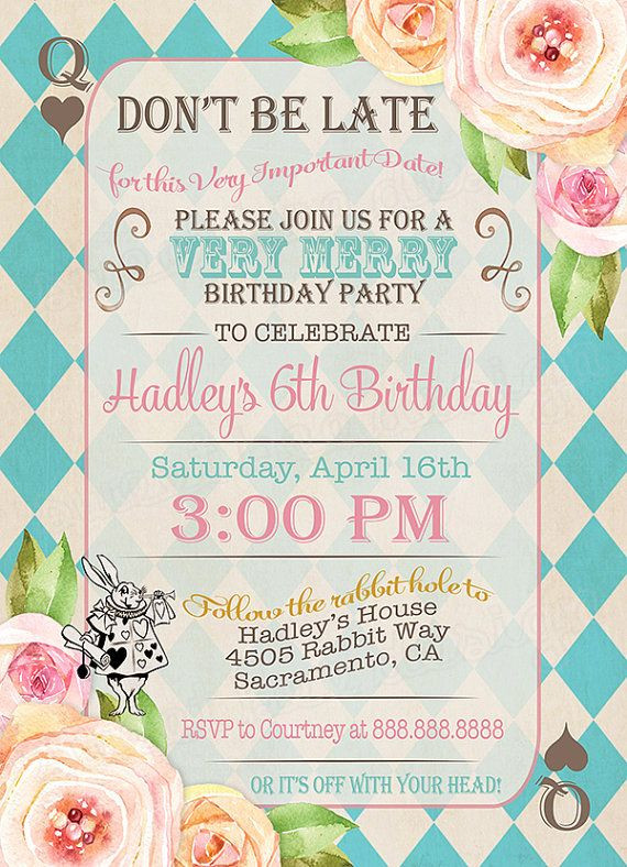 Best ideas about Birthday Invitation Ideas
. Save or Pin Alice in Wonderland Birthday Party Invitation Alice in Now.