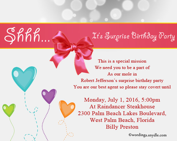 Best ideas about Birthday Party Invitation Message
. Save or Pin Surprise Birthday Party Invitation Wording Wordings and Now.