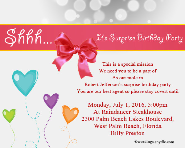 Best ideas about Birthday Party Invitation Wording
. Save or Pin Surprise Birthday Party Invitation Wording Wordings and Now.