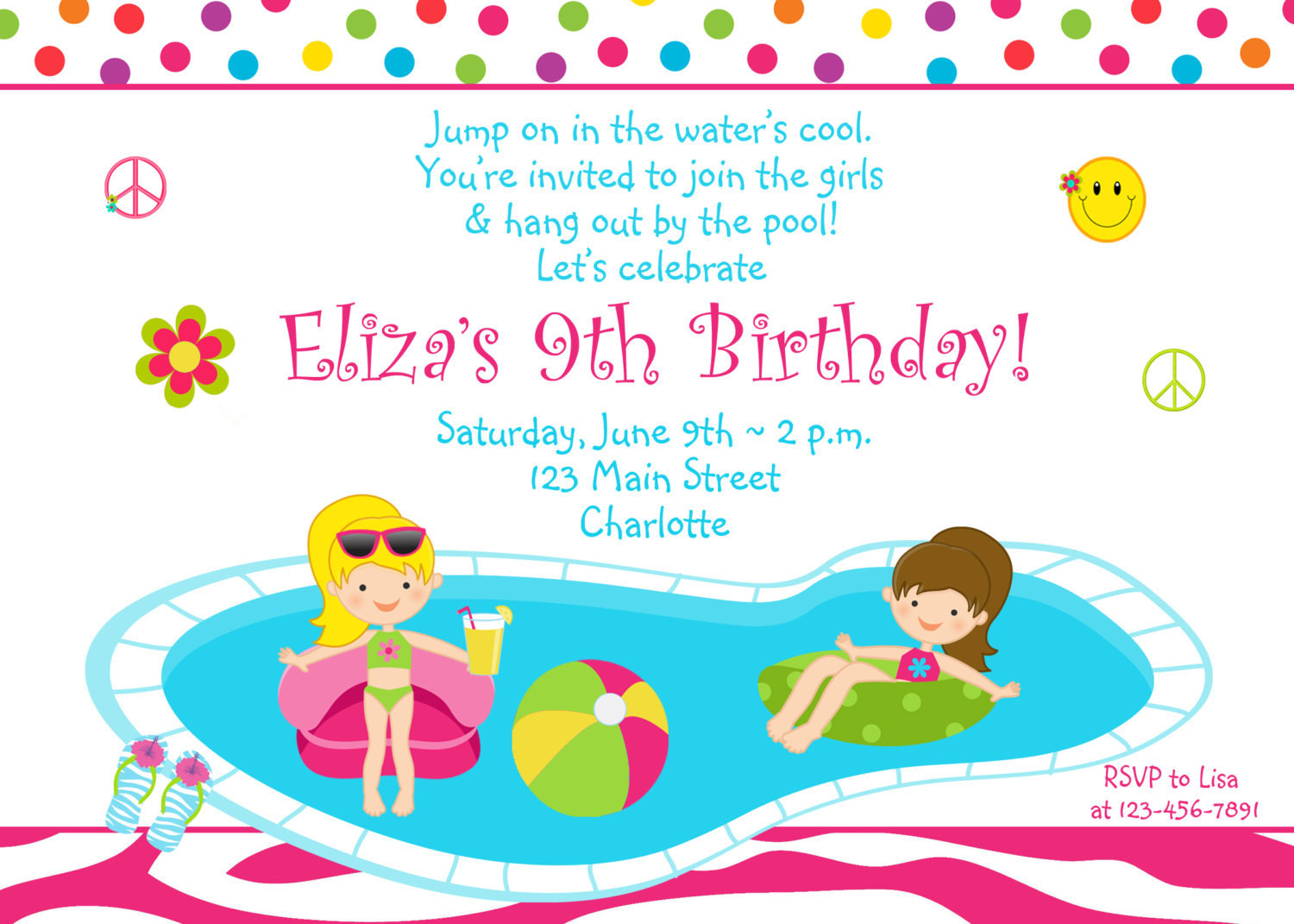 Best ideas about Birthday Pool Party Invitations
. Save or Pin Pool party birthday invitation girls pool party zebra Now.