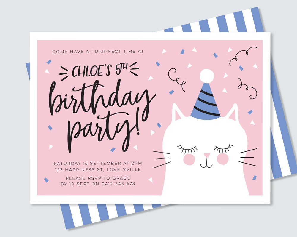 Best ideas about Cat Birthday Invitations
. Save or Pin Kitty cat birthday invitation in pink and blue purr fect cute Now.