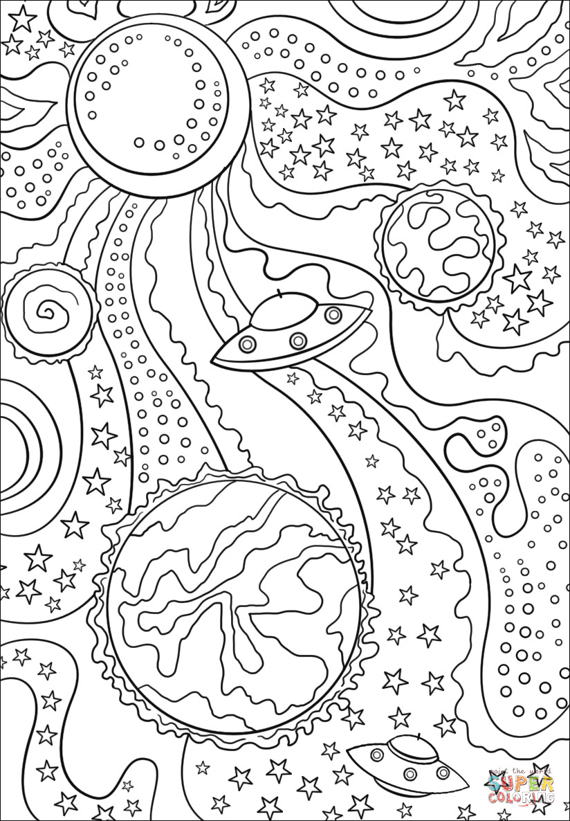 Best ideas about Coloring Pages For Adults Space
. Save or Pin Trippy Space Alien Flying Saucer and Planets coloring Now.