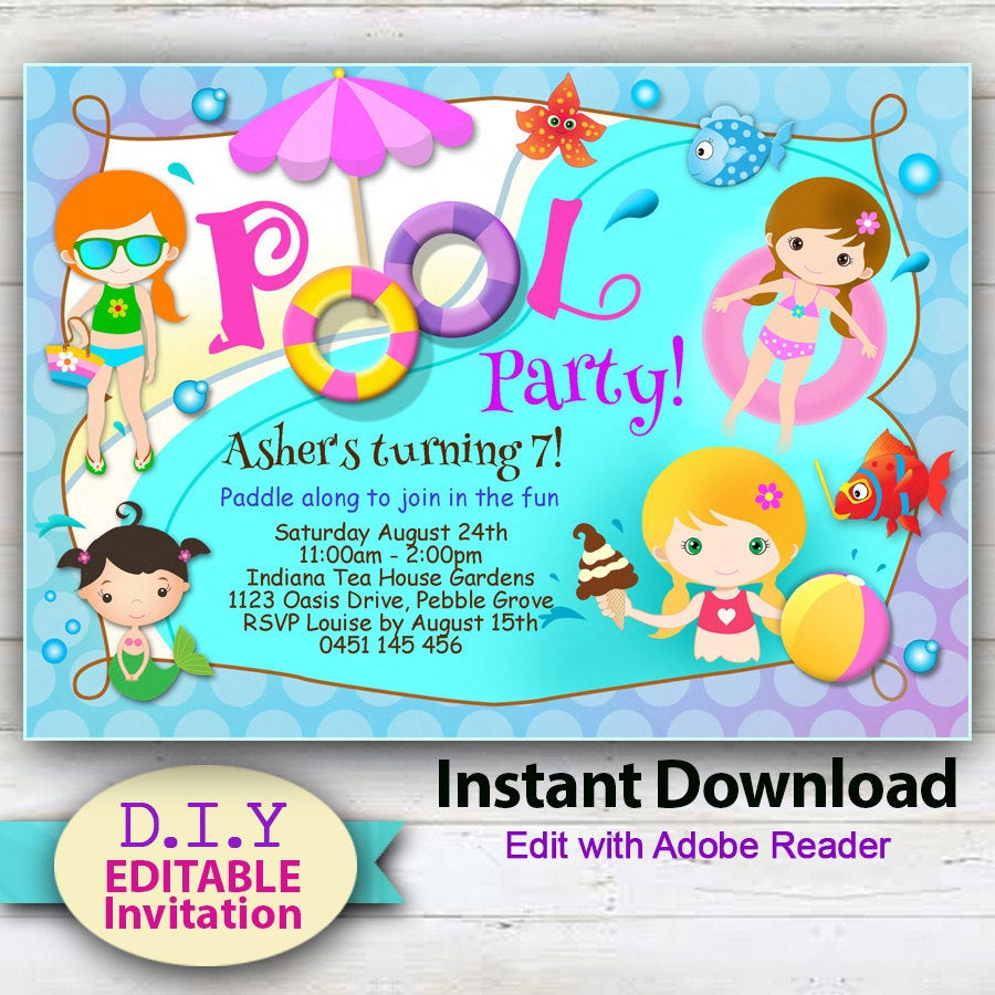 Best ideas about Cute Birthday Invitations
. Save or Pin EDITABLE Printable Pool Party Invitation Cute party Now.