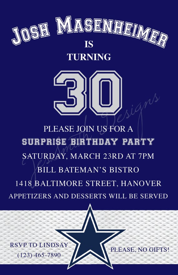 Best ideas about Dallas Cowboys Birthday Invitations
. Save or Pin Dallas Cowboys Themed Adult Birthday by JesSmithDesigns on Now.