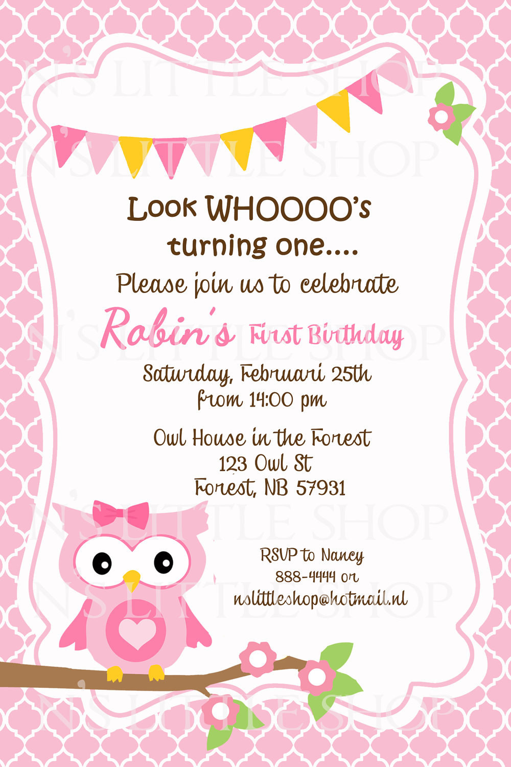 Best ideas about Design Birthday Invitations
. Save or Pin Pink OWL birthday invitation card customize by nslittleshop Now.