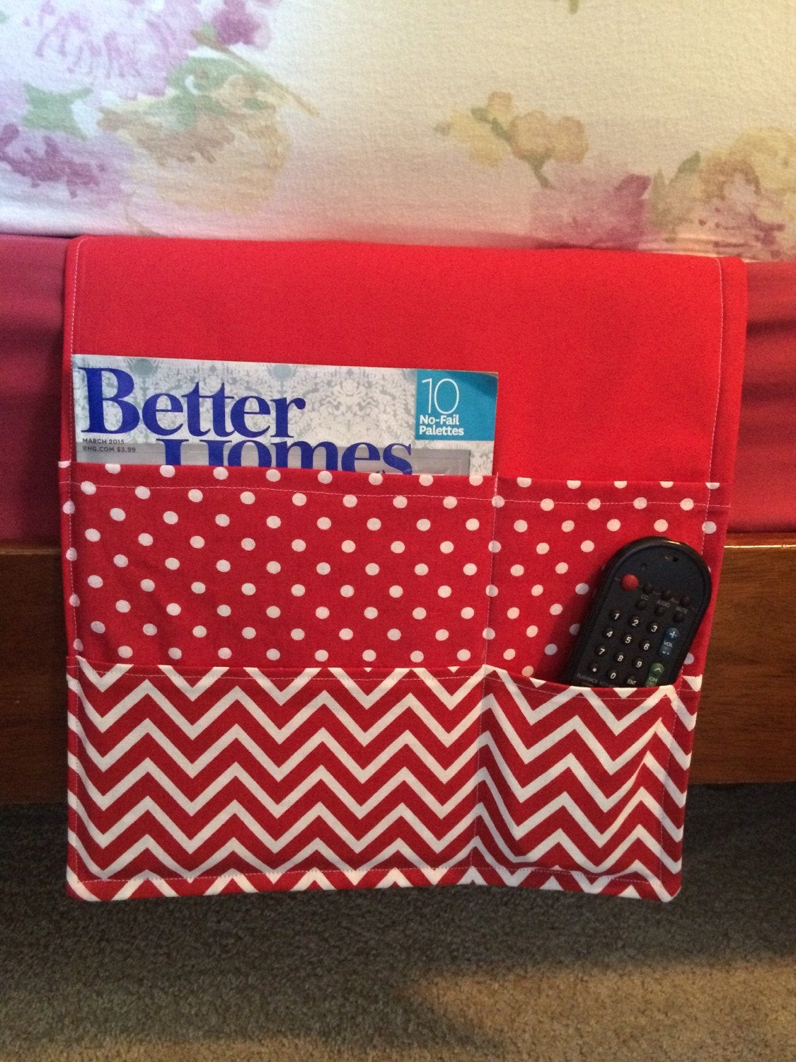 Best ideas about DIY Bedside Caddy
. Save or Pin Bedside caddy organizer Remote holder Red chevron and polka Now.