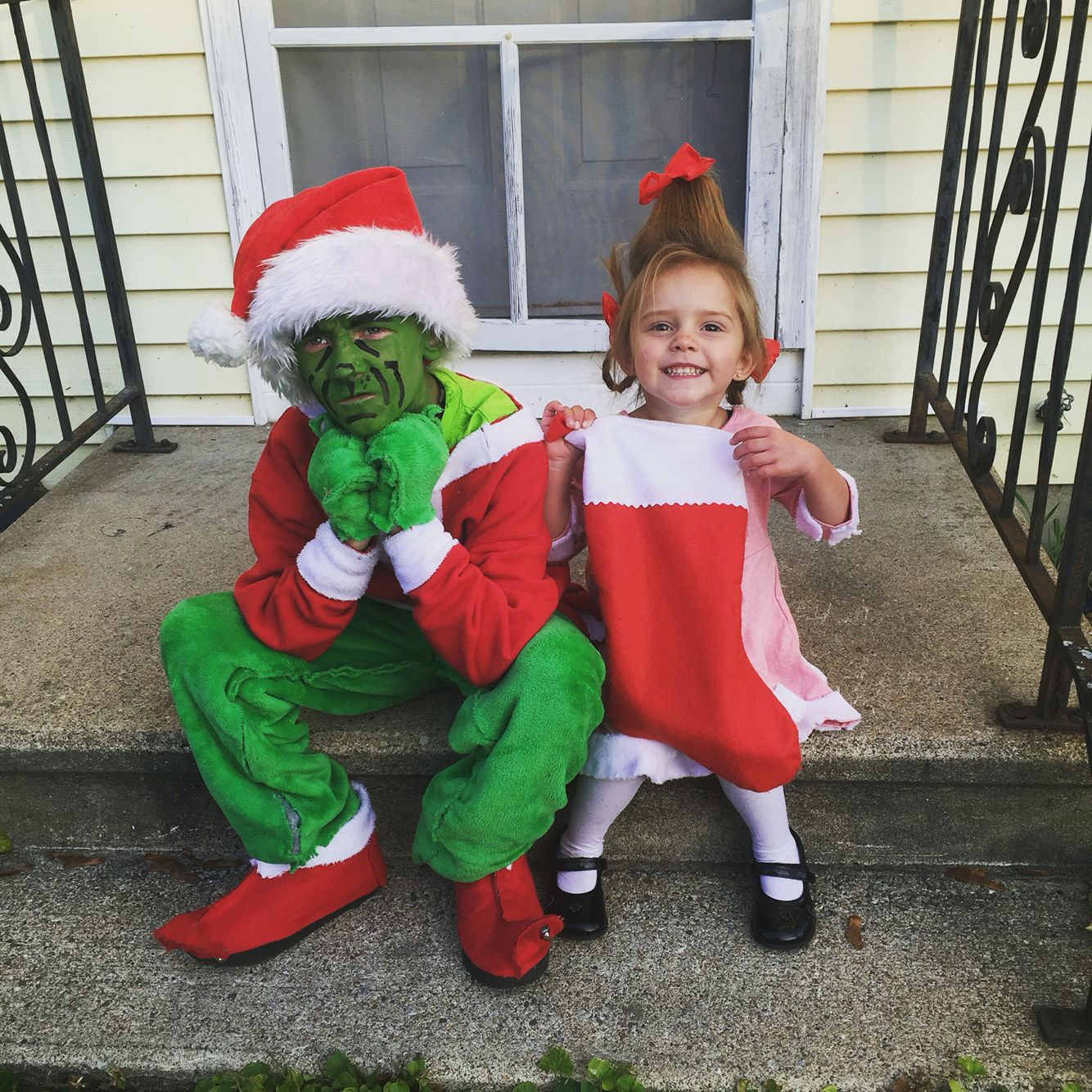 Save or Pin DIY grinch and Cindy Lou Who Halloween costumes Even a Now. 