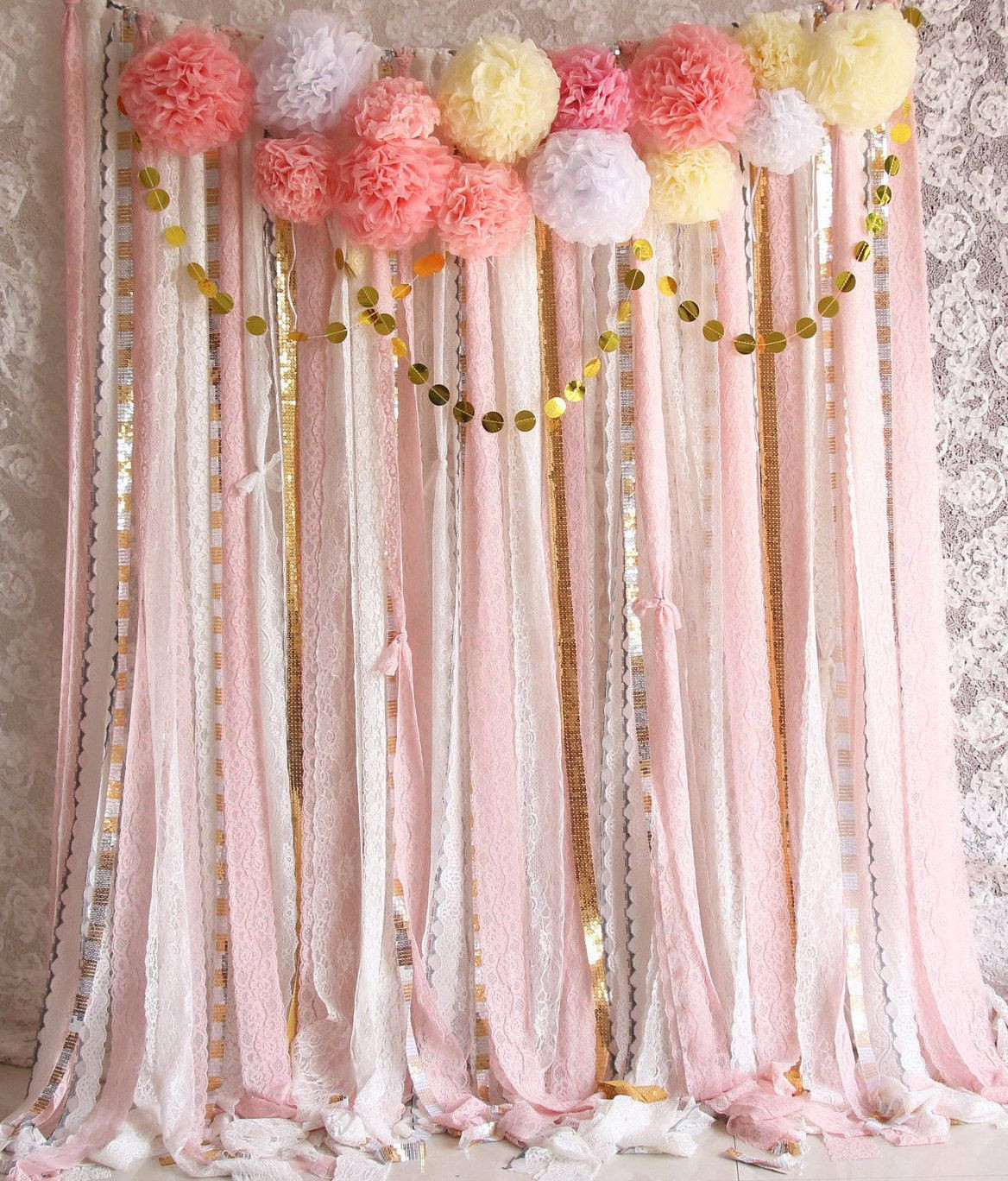 Best ideas about DIY Photo Backdrop Fabric
. Save or Pin Pink white Lace Pom Poms flowers Sparkle fabric backdrop Now.