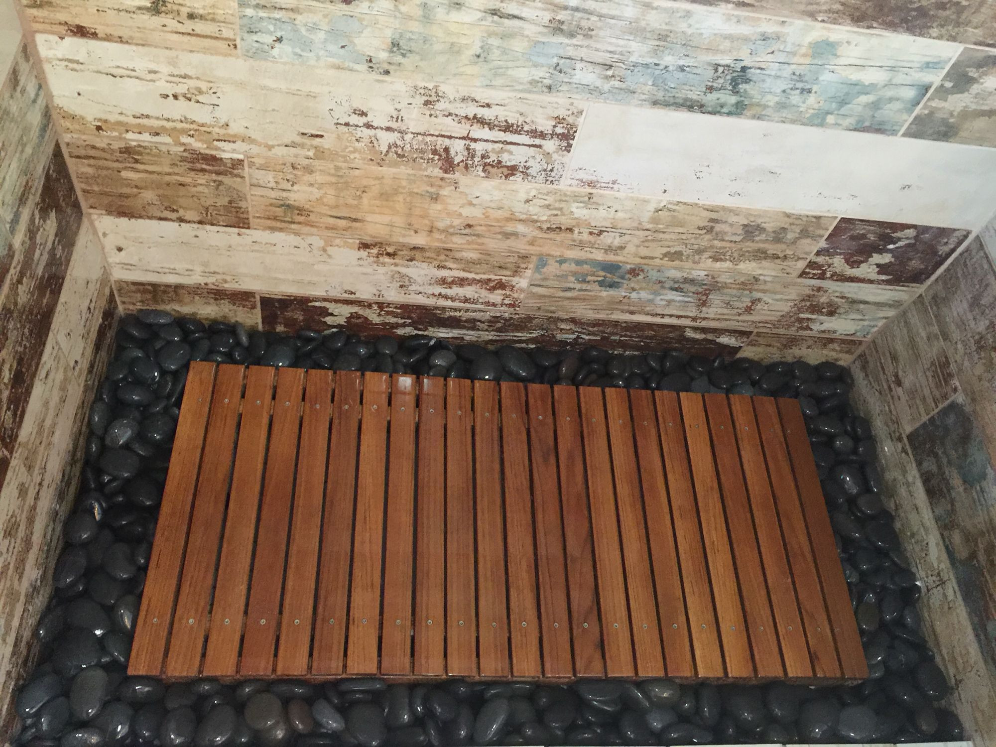 Best ideas about DIY Teak Shower Floor
. Save or Pin Teak wood shower floor surrounded by river rock walls Now.