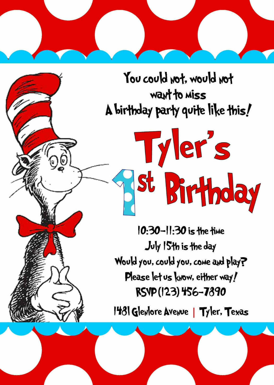 Best ideas about Dr Seuss Birthday Invitations
. Save or Pin Cat in the Hat Invitation printed 5x7 Customized Now.