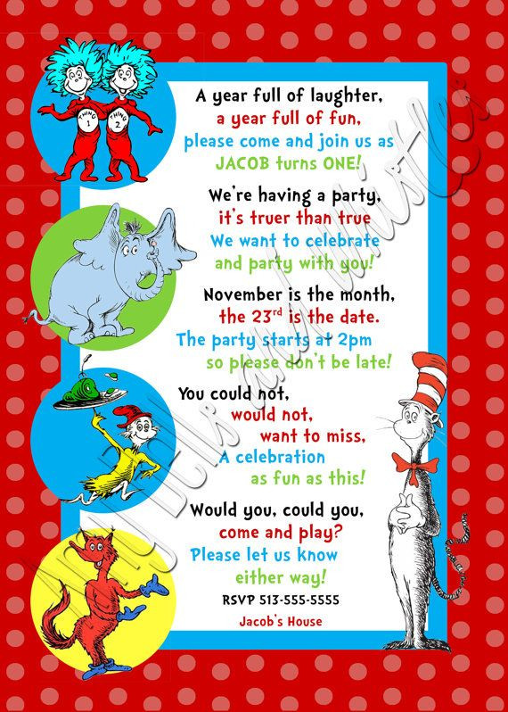 Best ideas about Dr Seuss Birthday Party Invitations
. Save or Pin Custom Personalized Dr Seuss 1st 2nd or 3rd Birthday Now.