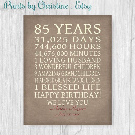 Best ideas about Gift Ideas For 80 Year Old Dad
. Save or Pin 85th BIRTHDAY GIFT Sign Print Personalized Art Mom Dad Grandma Now.