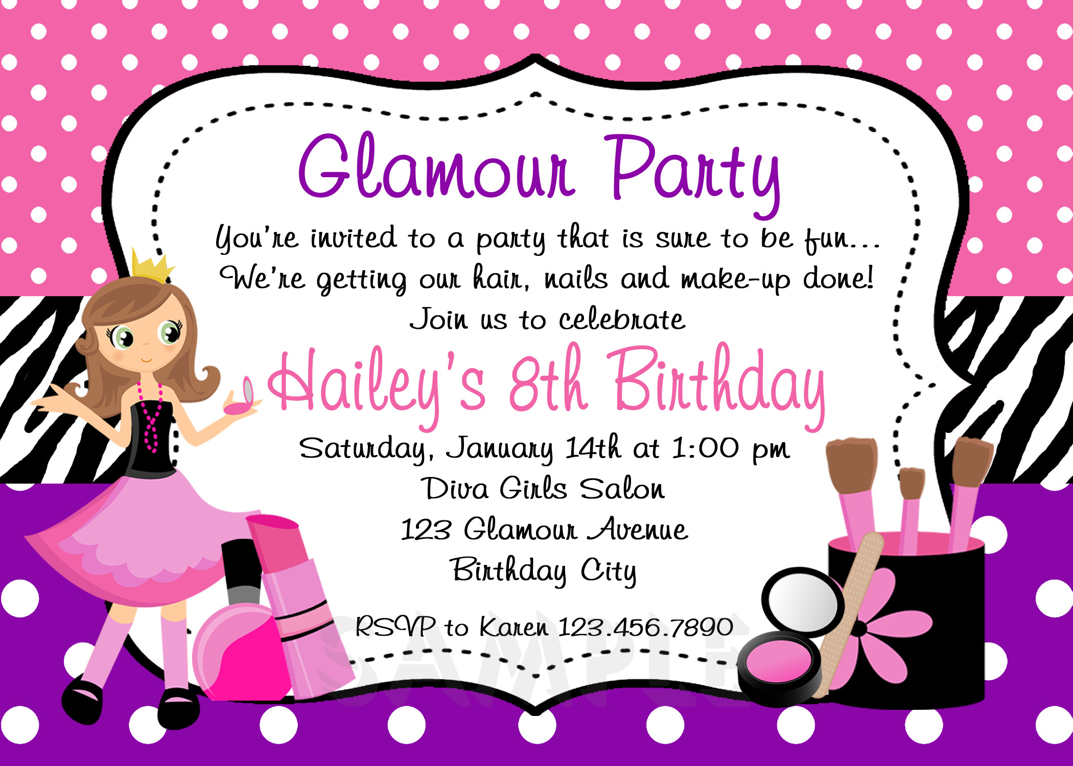 Best ideas about Girl Birthday Invitations
. Save or Pin Printable Birthday Invitations Girls Glamor Beauty Party Now.