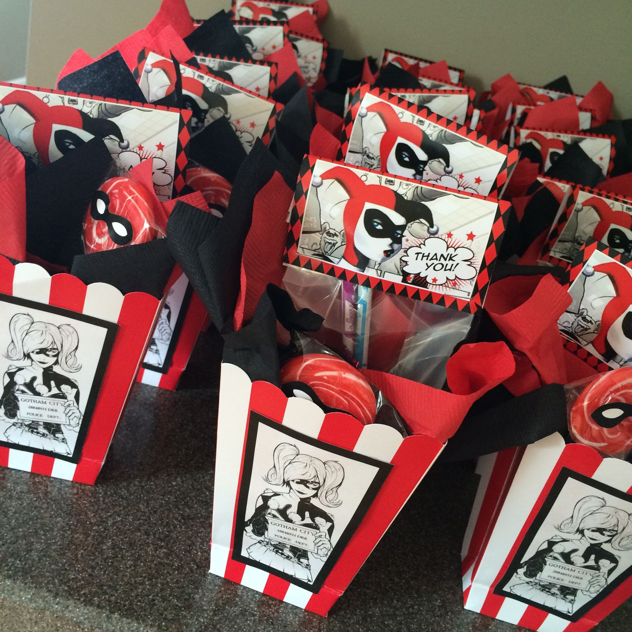Best ideas about Harley Quinn Birthday Party Supplies
. Save or Pin Made these favor boxes for my sons Harley party Super Now.