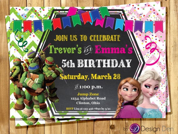 Best ideas about Joint Birthday Party Invitations
. Save or Pin Frozen and Ninja Turtles JOINT Birthday party Invitations Now.