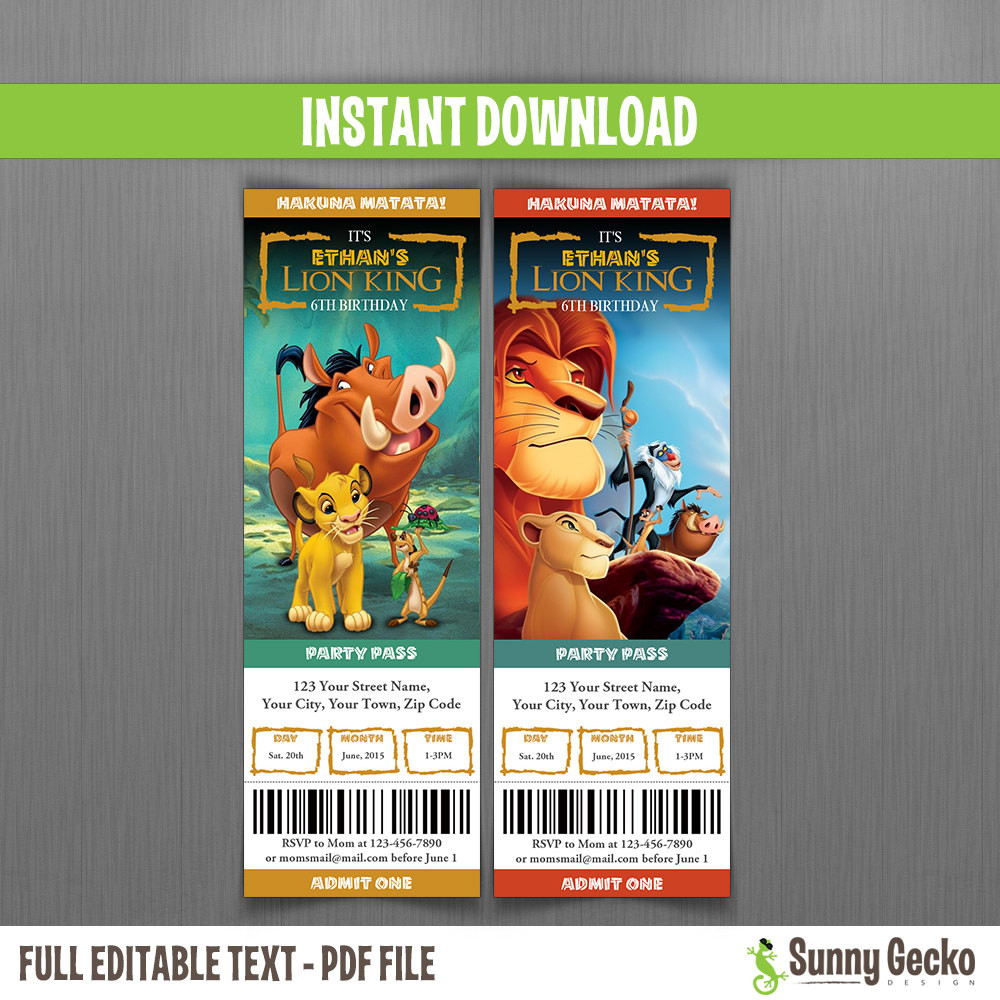 Best ideas about Lion King Birthday Invitations
. Save or Pin Disney The Lion King Birthday Ticket Invitations Instant Now.