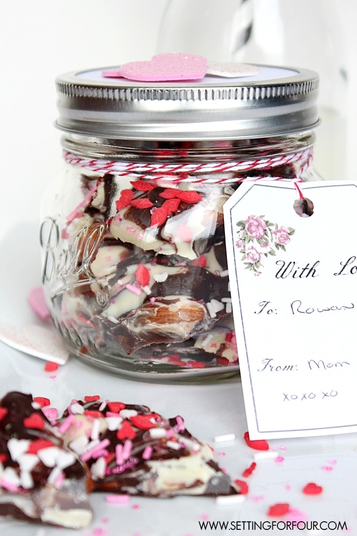 Best ideas about Mason Jar Valentine Gift Ideas
. Save or Pin Chocolate Bark Mason Jar Valentine Gift Setting for Four Now.