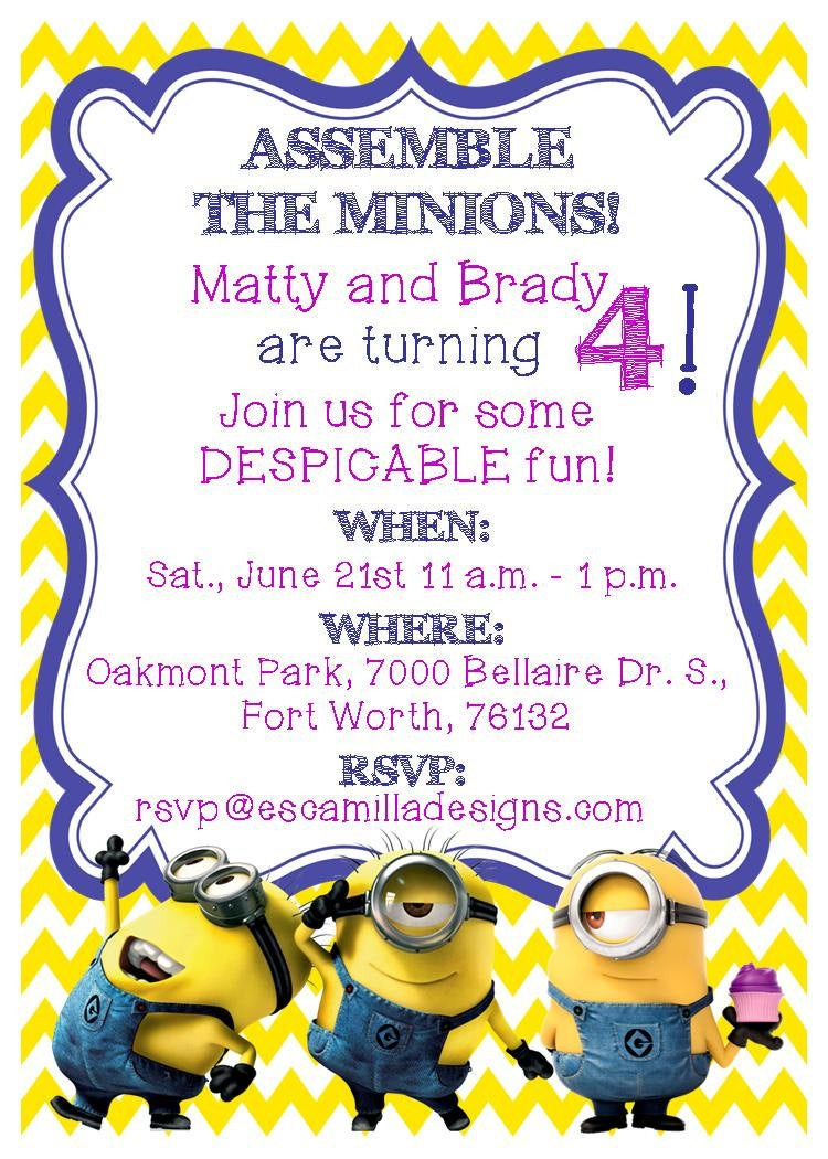 Best ideas about Minions Birthday Party Invitations
. Save or Pin Minions Birthday Party Invitation Twins Siblings Now.