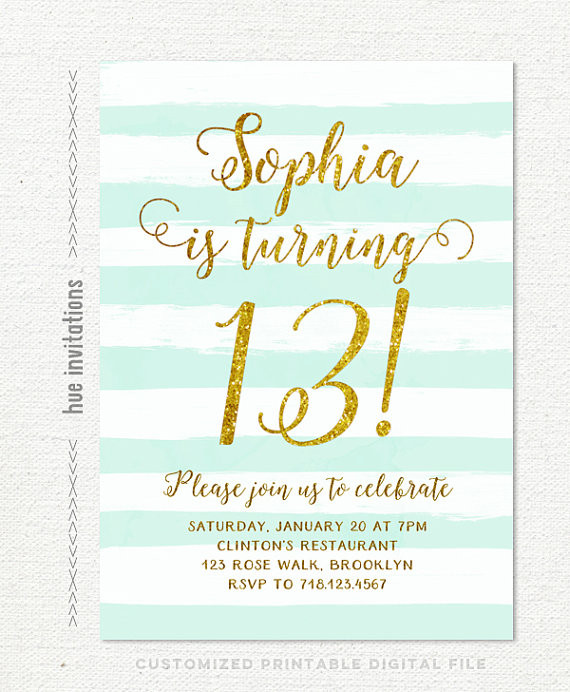 Best ideas about Minted Birthday Invitations
. Save or Pin 13th birthday invitations girl mint stripes gold glitter Now.