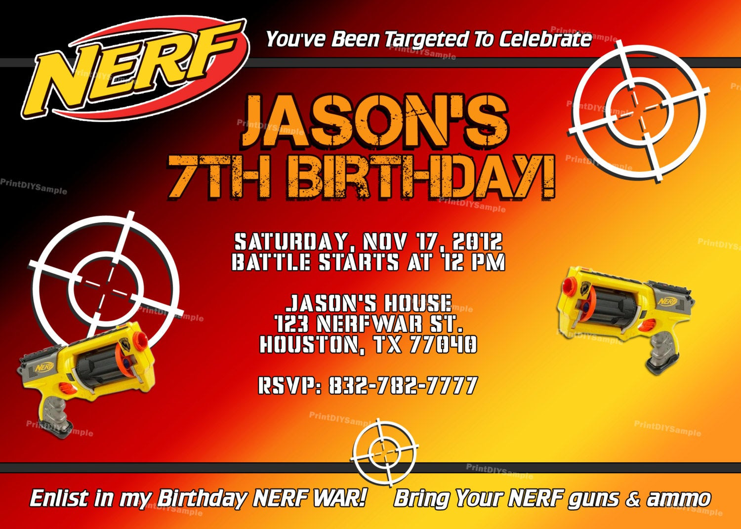 Best ideas about Nerf Birthday Invitations
. Save or Pin Personalized Nerf Boy Birthday Party by PrintDIYStarDesigns Now.