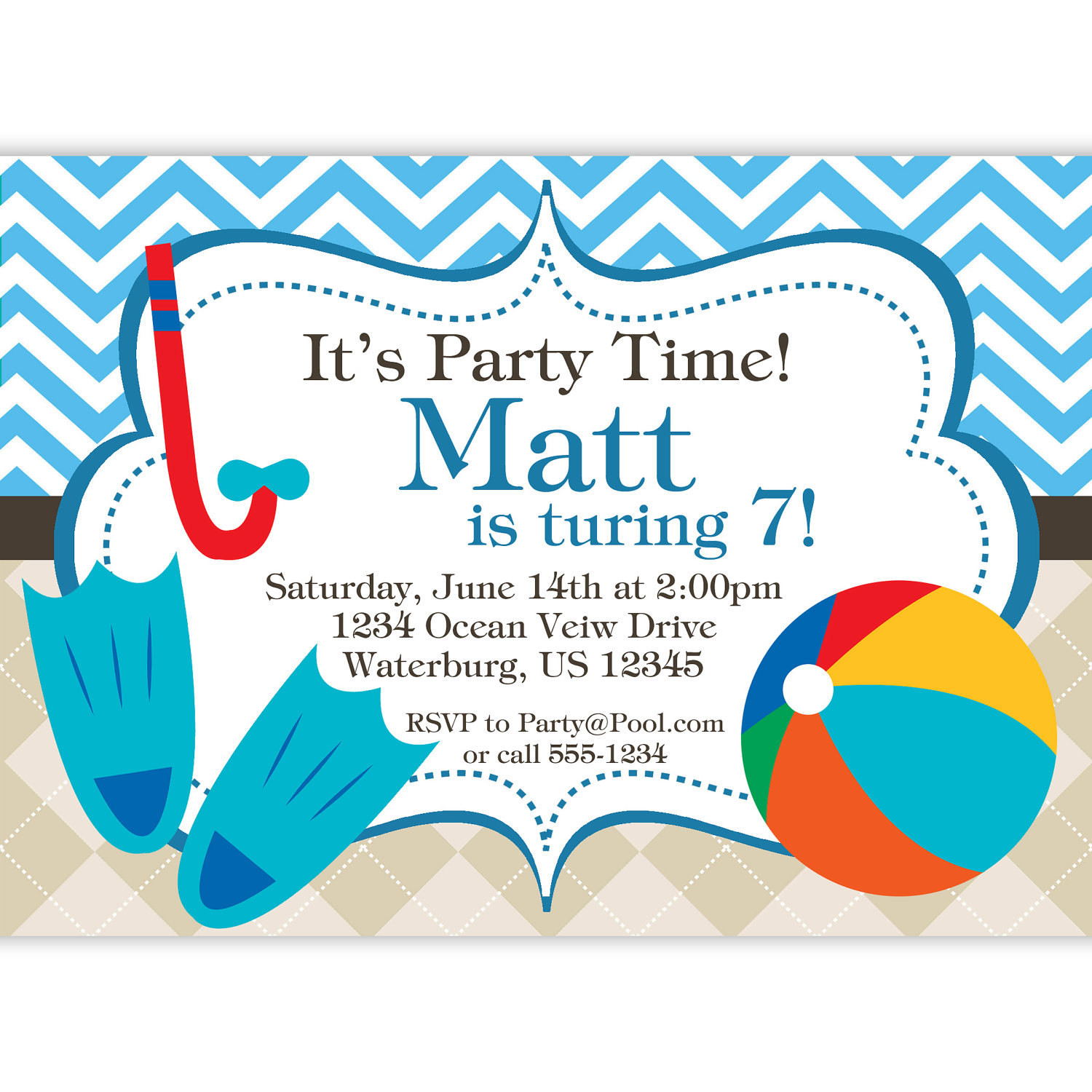 Best ideas about Pool Party Birthday Invitations
. Save or Pin Pool Invitation Blue Chevron and Tan Argyle Beach Ball Now.