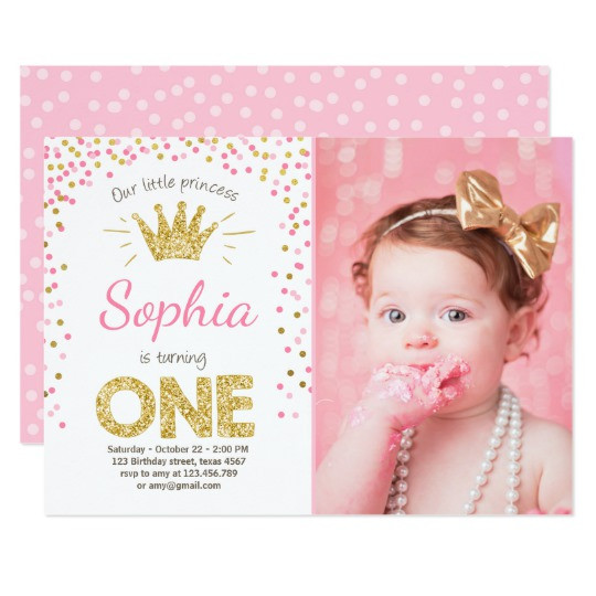 Best ideas about Princess 1st Birthday Invitations
. Save or Pin First birthday invitation Princess Gold Pink Now.