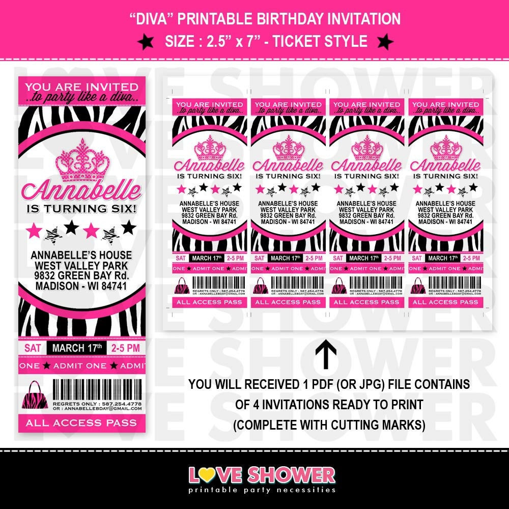 Best ideas about Print Birthday Invitations
. Save or Pin Diva Birthday Invitation Ticket Style Zebra Print Hot Pink Now.