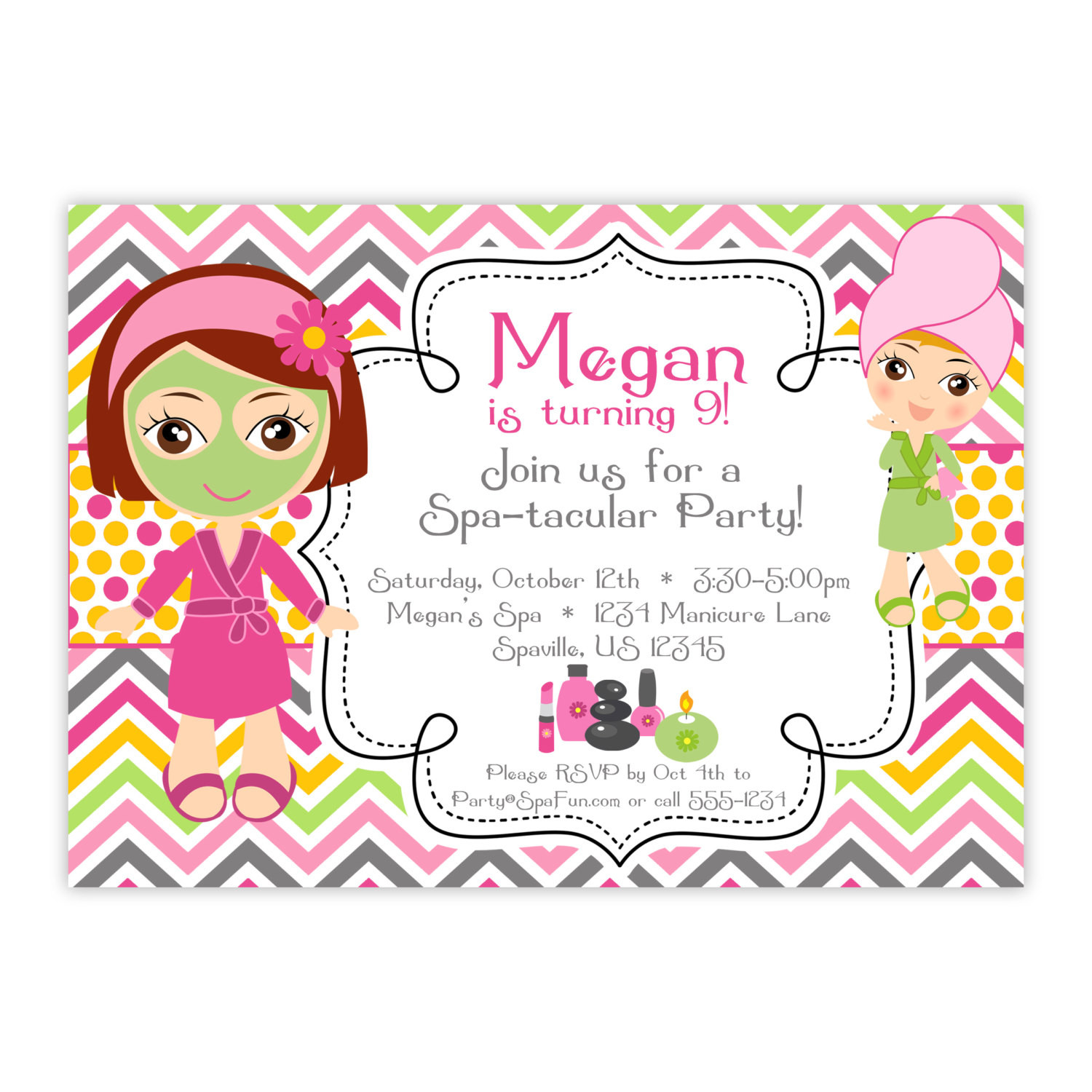 Best ideas about Spa Birthday Party Invitations
. Save or Pin Spa Party Invitation Pink Orange Chevron Polka Dots Now.