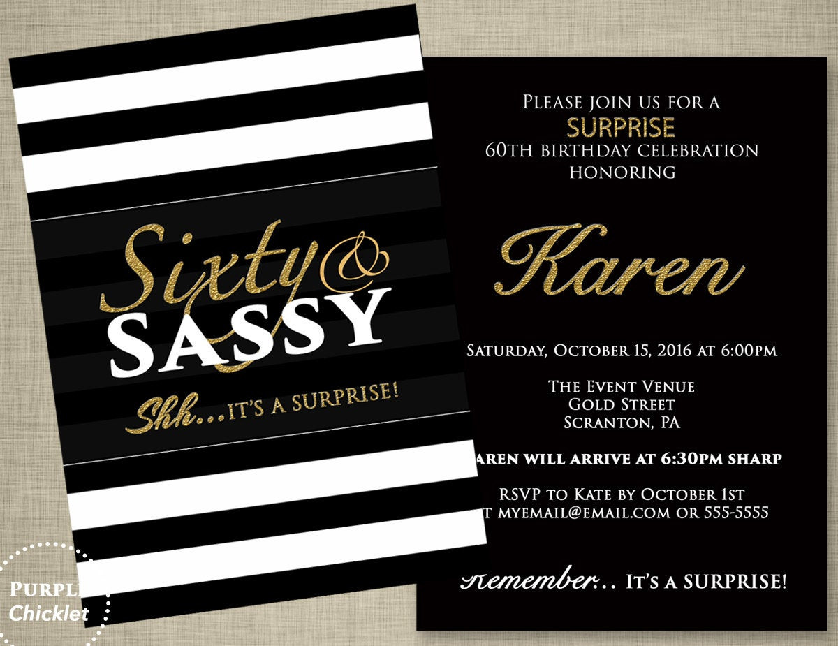 Best ideas about Surprise 60th Birthday Invitations
. Save or Pin Sixty and Sassy 60th Birthday Surprise Party Invitation Gold Now.