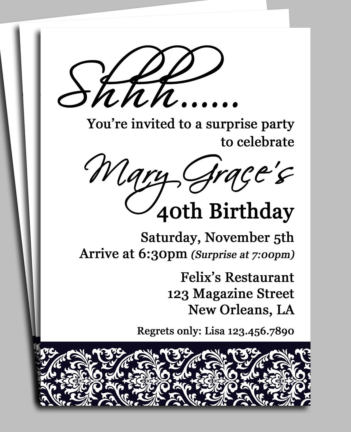 Best ideas about Surprise Birthday Invitations
. Save or Pin Black Damask Surprise Party Invitation Printable or Printed Now.