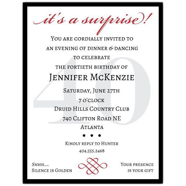Best ideas about Surprise Birthday Invitations Wording
. Save or Pin Petite Classic 40th Birthday Surprise Party Invitations Now.