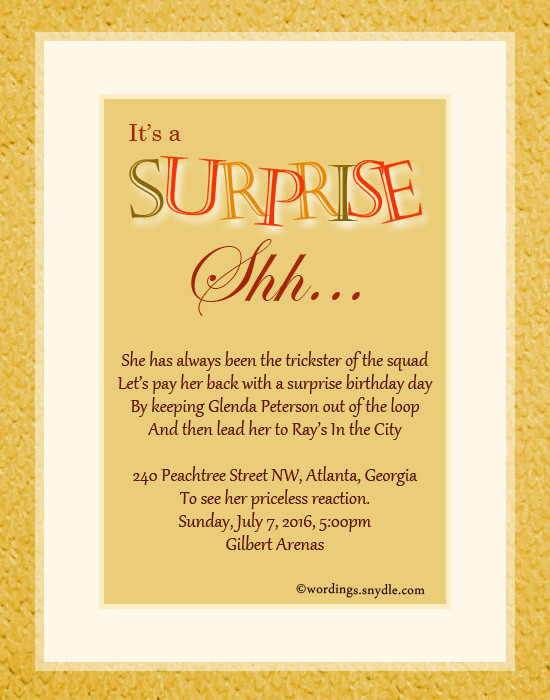 Best ideas about Surprise Birthday Invitations Wording
. Save or Pin Surprise Birthday Party Invitation Wording Wordings and Now.