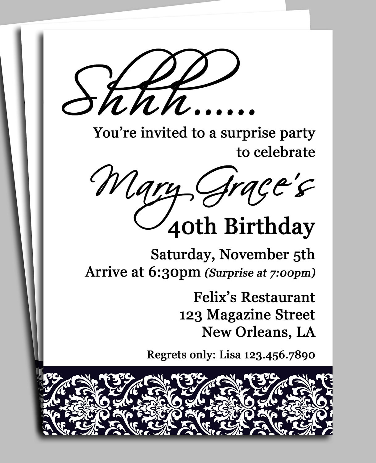 Best ideas about Surprise Birthday Invitations Wording
. Save or Pin Black Damask Surprise Party Invitation Printable or Printed Now.
