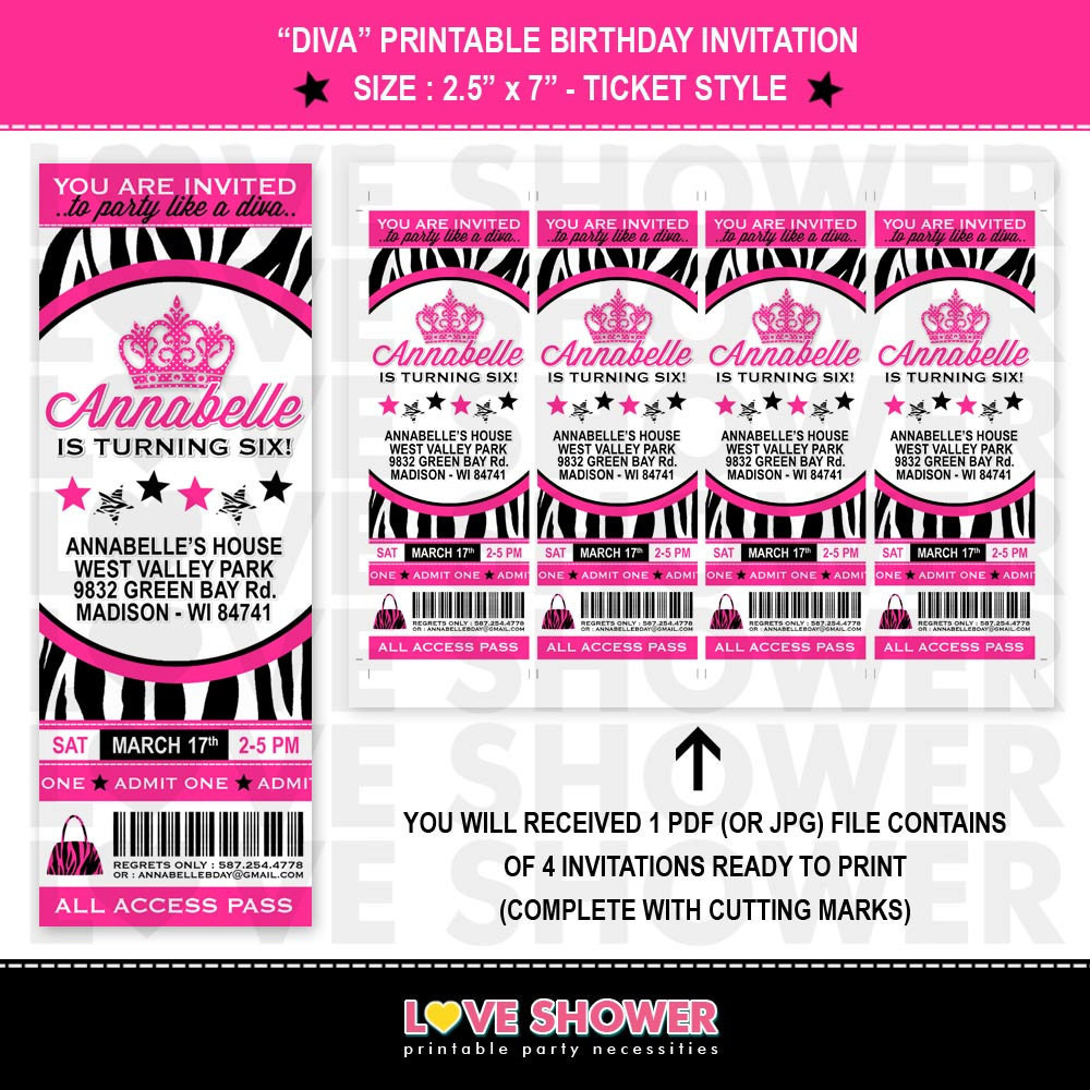 Best ideas about Ticket Birthday Invitations
. Save or Pin Diva Birthday Invitation Ticket Style Zebra Print Hot Pink Now.