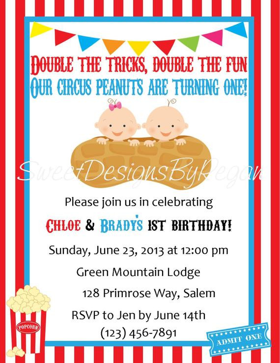 Best ideas about Twins Birthday Invitations
. Save or Pin Twins Birthday Invitation Circus Themed Digital File Now.