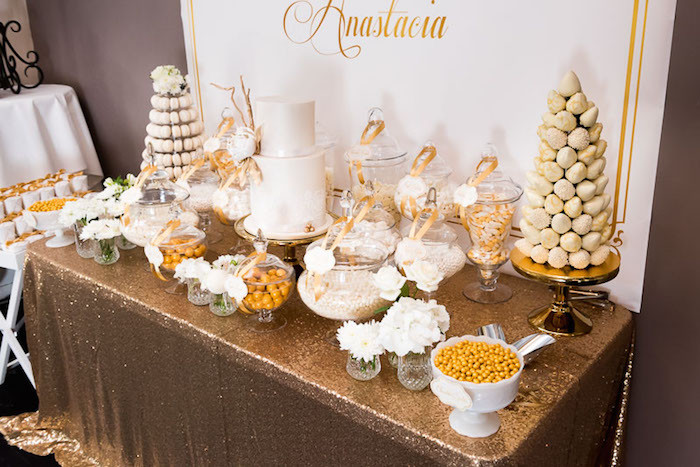 Best ideas about White And Gold Birthday Decorations
. Save or Pin Kara s Party Ideas Elegant Gold White Baptism Party Now.